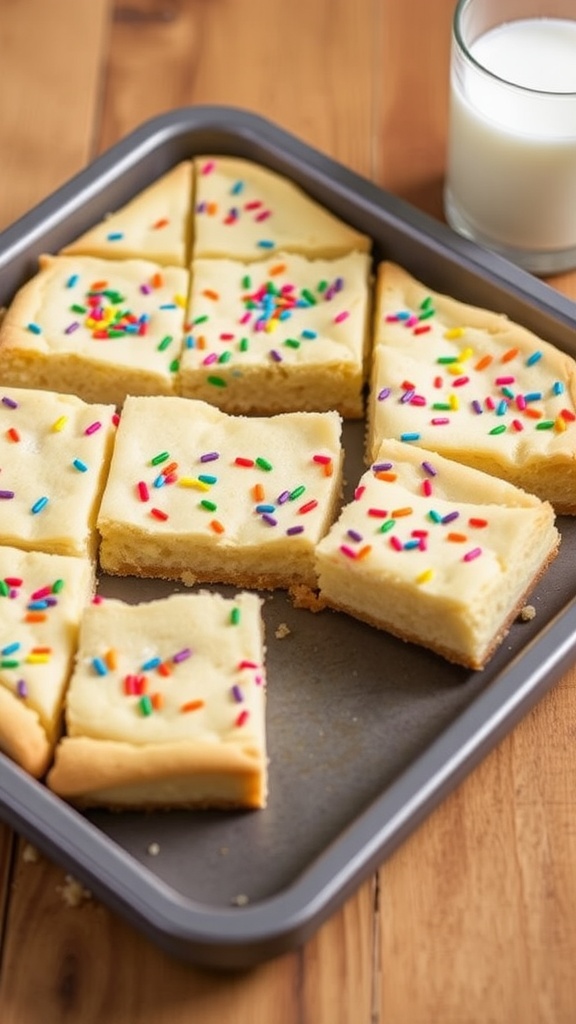Chewy sugar cookie bars with sprinkles served on a wooden table beside a glass of milk.